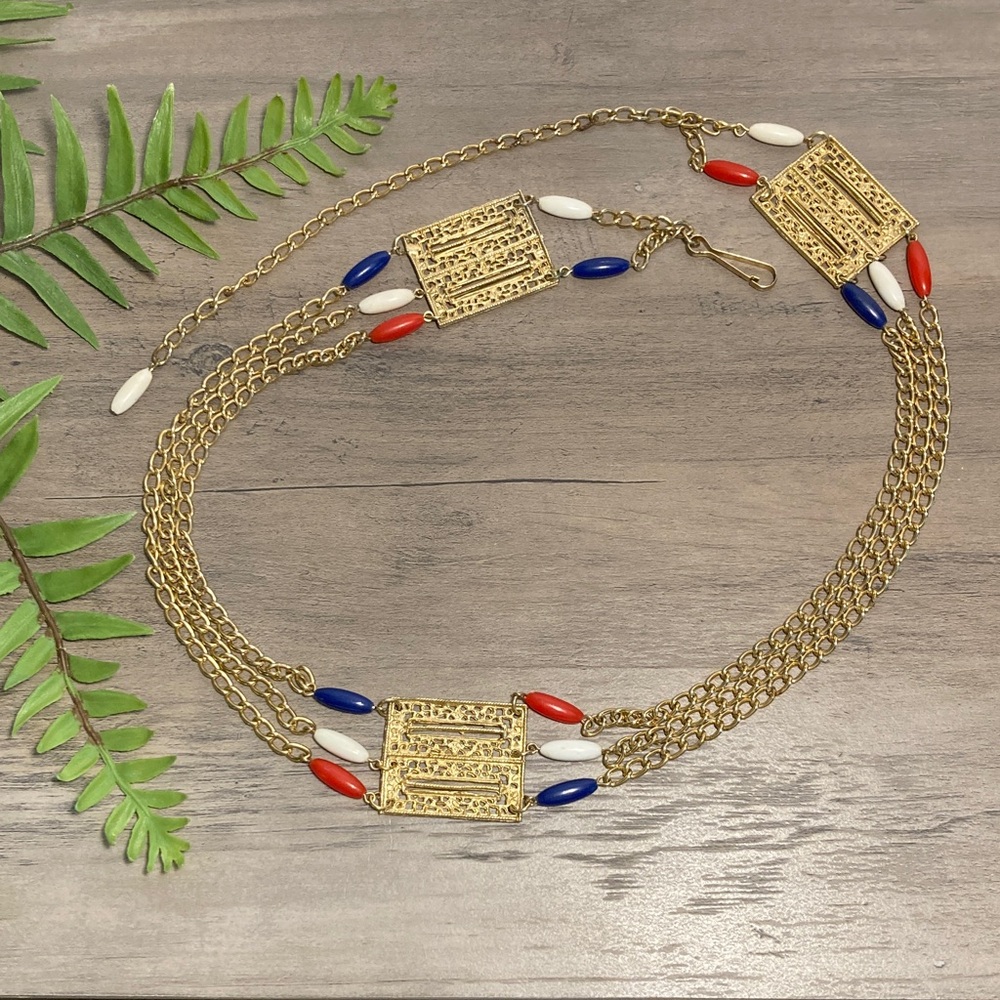 Vintage Chain And Medallion Belt With Patriotic Red White And Blue Beads